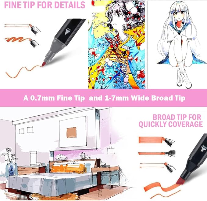 Alcohol Markers, 48 Colors Dual Tip Art Marker, Drawing for All Artists Paint Markers Pen with Carry Case Sketching Coloring