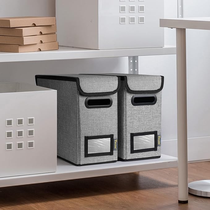 BALEINE File Organizer Box with Lid, Collapsible File Folder Organizer with Plastic Slide, Hanging File Folder Box for Office Document Storage (1 Pack, Grey, S)