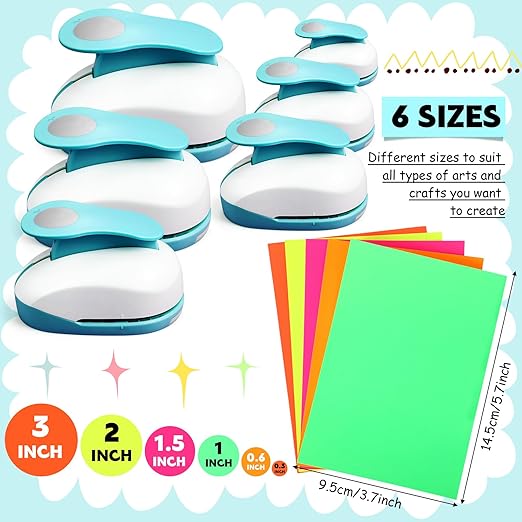 Chengu 6 Pcs Circle Punch Set 3in/2in/1.5in/1in/0.6in/0.3in Scrapbook Hole Punchers Crafting with 10 Sticker Paper Round Cutter Scrapbook for Office Supplies DIY Albums Photos
