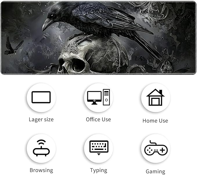 Desk Mat Large Gaming Mouse Pad (31.5x11.8 inch) with Stitched Edges, XL Mouse Pad +Coaster, Extended Mouse Mat Keybroad Mousepad Non-Slip Rubber for Gamer Men Women, Dark Raven Skull