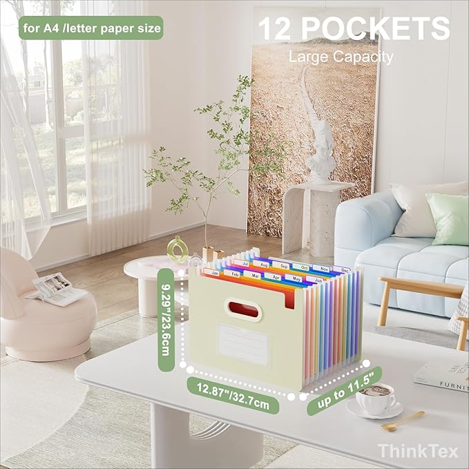 ThinkTex Accordion File Organizer, 12 - Pocket Expanding File Folders Upright & Open Top,for Paper Receipts, Bills&Taxes Organizer, Letter/A4 Size for School, Office, Home with tab- Beige Color
