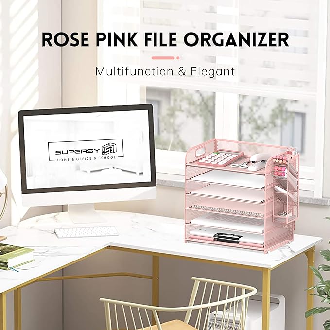 SUPEASY 6 Tier Desk Organizer with 4 Pen Holders, Mesh Paper Organizer Letter Tray with Handle, Desk Organizer Tray File Organizer for A4 File Folder, Rose Pink