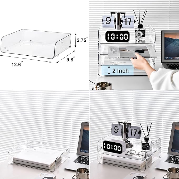 Gagee 4 Pack Paper Organizer for Desk,Stackable Paper Tray Book Holder for Classroom,Office and More,Letter Tray Desk Organizer,Clear