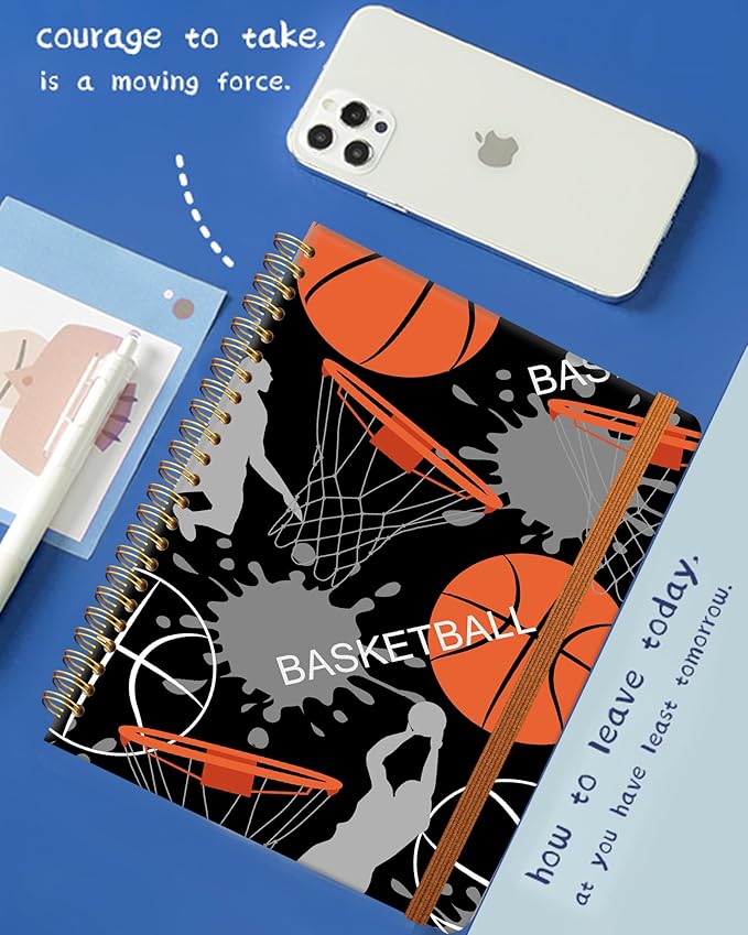 Ruled Spiral Writing Notebook,A5 Hardcover Lined College Journal for Women,Strong Twin-Wire Binding with Premium Paper,8.4" X 6",Perfect for School,Office,Home(Basketball)