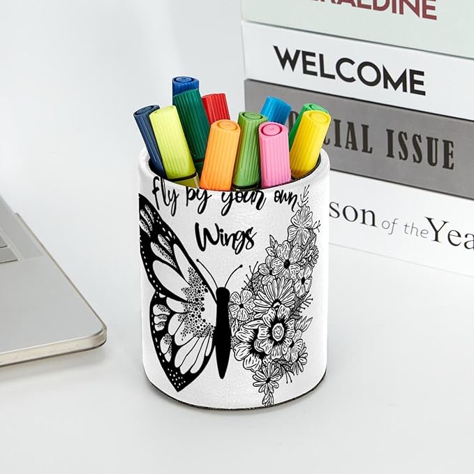 Black and White Butterfly Flowers Pen Holder, PVC Leather Pencil Holder for Desk, Pencil Cup Pot Desk Organizer and Accessories Makeup Brush Holder for Office, School, Home, Art Supply