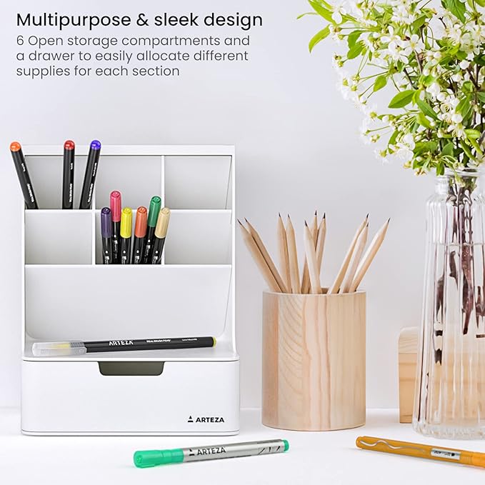 ARTEZA Desktop Pen and Marker Organizer, 6-Compartment White Pen Holder for Desk with Stationery Drawer, Makeup Organizer