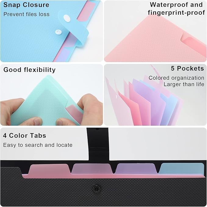 NAFY Colorful Expanding File Folder, 5 Pockets Folder with Colored Labels Portable Weave Pattern Accordion File Folder A4 Letter Size Project Organizer Document Folder for Office School (Pink)