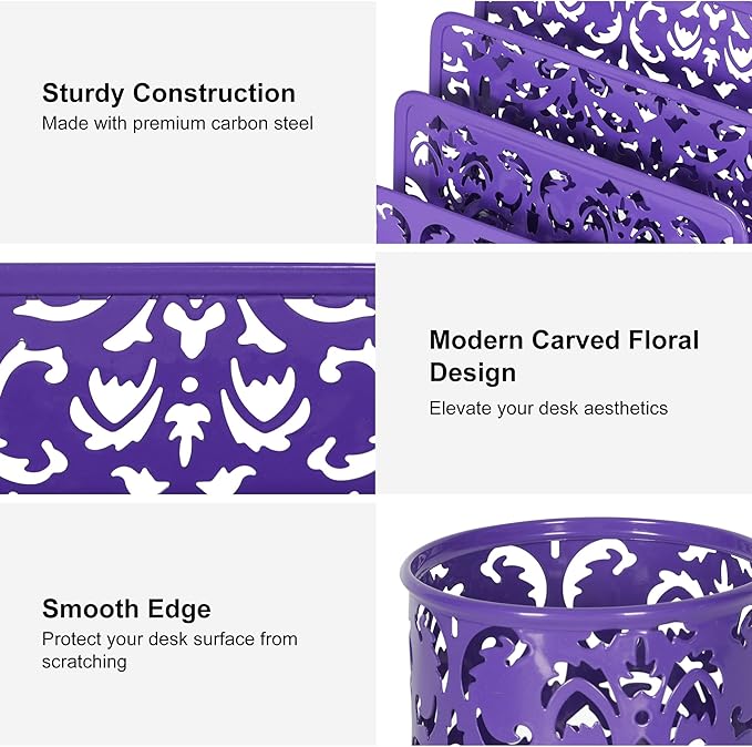 EasyPAG Desk Organizers and Accessories 3 Pieces Office Organizer Set - Pen Holder for Desk, Mail Sorter Countertop and Sticky Note Holder, Purple