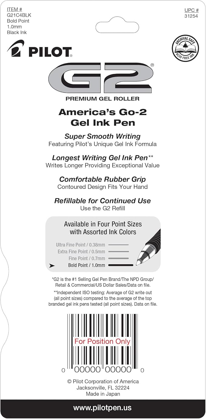 Pilot G2 Premium Gel Pens, Black Pens, Bold Point 1 mm, 4 Black