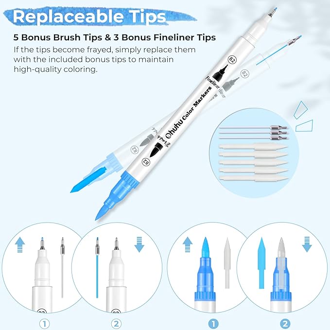 Ohuhu Markers for Adult Coloring Books No Bleeding 120 Colors Water-based Dual Tips Fineliner & Brush Coloring Markers for Kids Adults Beginners Drawing Pens for Journaling Lettering - Maui - White