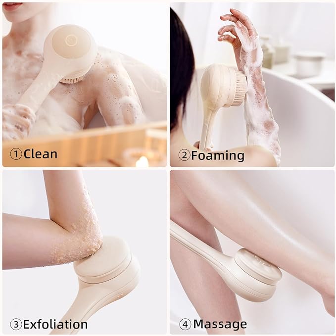 Oh,XIYU. Electric Body Brush Back Scrubber for Shower, Waterproof Long Dual Handle Power Body Scrubber with 3 Heads, Rechargeable Bath Brush & 2 Speeds, for Cleansing, Exfoliating and Massaging Skin