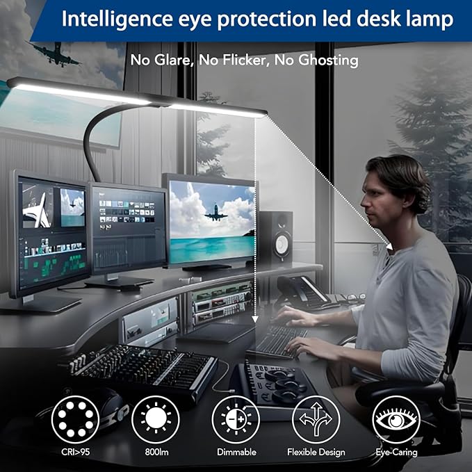 LED Desk Lamp for Office Home, Eye-Caring Desk Light with Stepless Dimming