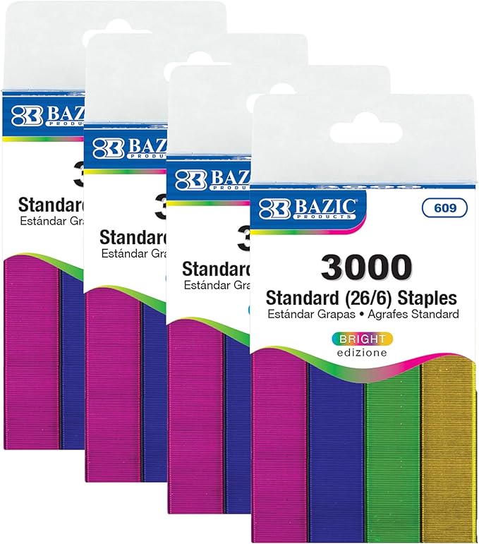 BAZIC Staples Standard (26/6) Metallic Color 3000/Pack, Stapler Refill Standard Size Staple, Assorted Colors, 4-Packs