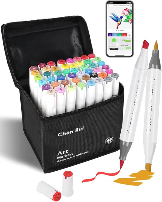 YHC 48 Colors Alcohol Brush Marker with Free App, Chen Rui Dual Tips Art Markers for Adults and Kids, Alcohol Based Brush & Chisel Tips Markers for Drawing, Coloring, Painting, Sketching