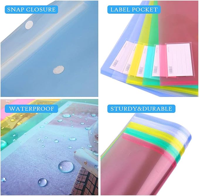 10 Pack Plastic File Folders with Label Pockets - US Letter & A4 Size Clear Document Envelopes, Assorted Color Poly Organizers for Office School Supplies