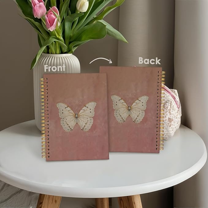 Wheatwin Butterfly Pink Notebook Journal, Vintage Pink Cute Butterfly Journal for Women, Preppy Gifts for Teen Girls, 5.5x8.3 Inch