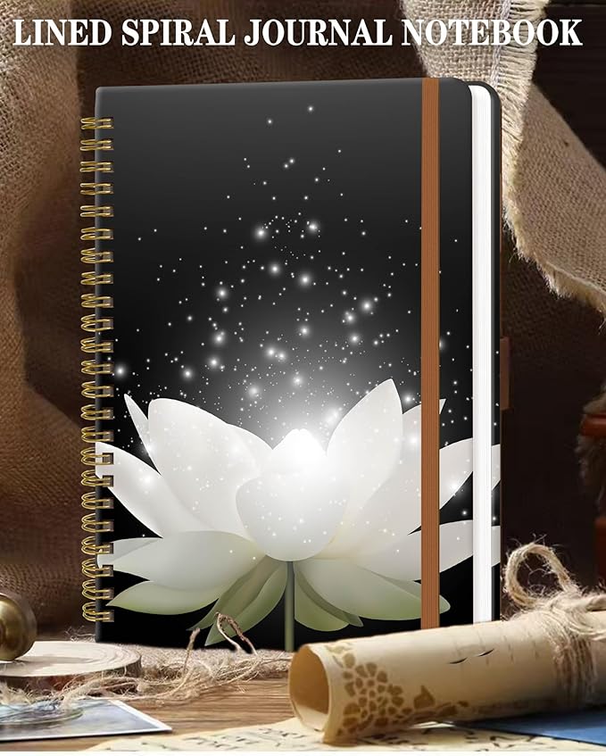 Spiral Journal Notebook for Women, Hardcover A5 College Ruled Notebook, 120 Pages, Thick Paper, Cute Lined Journal for School, Office & Work, 6 x 8.4 in(Magic White Lotus Flower)