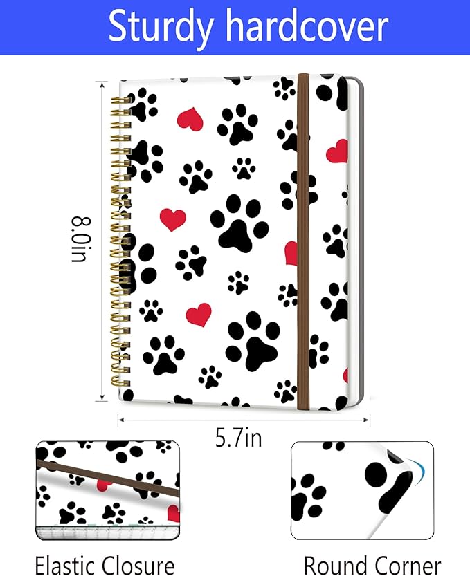 Spiral Journal Notebook, A5 Cute Notebooks for Women Men, College Ruled Hardcover Notebook for Work & Note Taking, 60 Pages Double-Wire Journals for Writing, White Cute Dog Paws