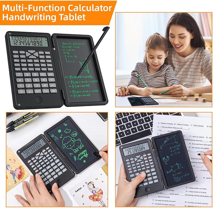 Scientific Calculator with Writing Pad, 240 Computing Functions, Foldable Case, HD Screen, Anti-Deletion Lock & One-Click Clear, Perfect for School, Finance & Engineering (Black)