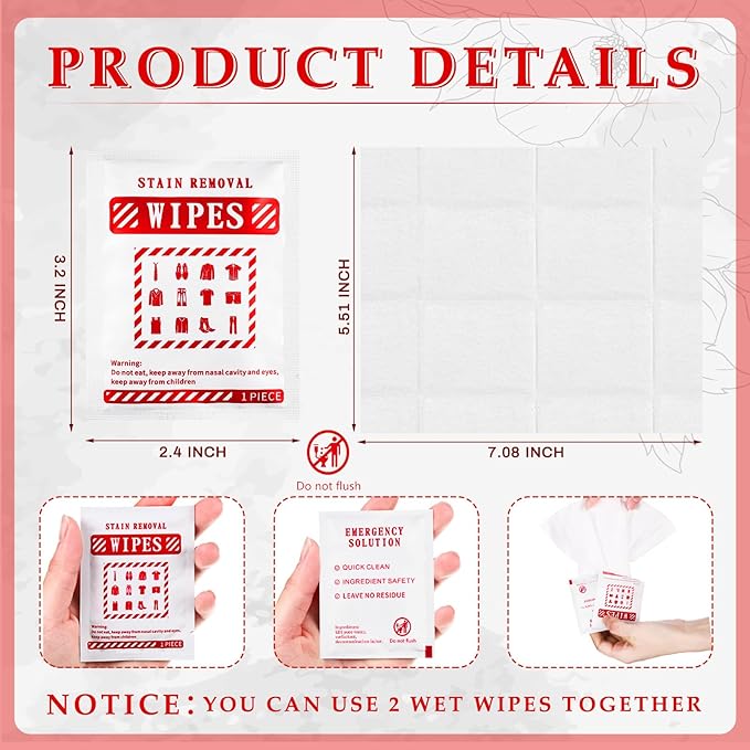 Timgle 200 Pcs Stain Remover Wipes Individual Wrapped Wipes Stain Remover Mini for Clothes Fabric Laundry Carpet Messy Eater Car Seat Upholster Clean (White)