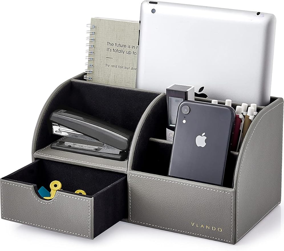 Vlando Desk Organizer with Drawer, Back to School Supplies - 5 Compartment Desktop Storage Holder with Organizer Section for Desk Accessories (Gray)