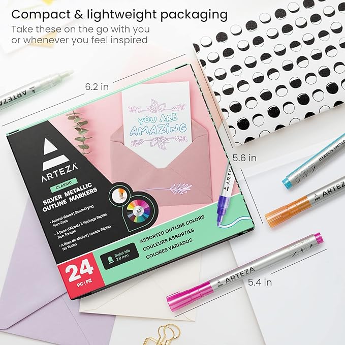 Arteza Double Outline Markers, 24 Colors, Silver Alcohol Markers, Create Metallic Lines with Vivid Color Outlines, Work on Cards, Paper, and Canvas