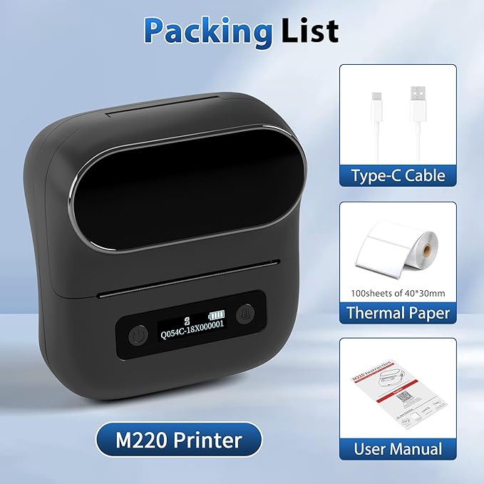 M220 Label Maker, Upgrade Sticker Maker Machine Prints 0.78-3 inch, Portable Label Printer with Tape for Small Business & Homeuse, Compatible with Phones and PC, with 40x30mm Label