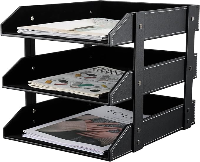 KINGFOM Letter Tray, Leather Paper Organizer Tray, Wooden Desk File Holder, Desktop File, Stackable Magazine Holder, Mail Sorter, Great for Home or Office - 3 Level Black