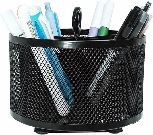 SETTFRFE Metal Mesh Desk Organizer,360°Rotating Pen Holder, Black Pencil Container with 6 Compartments, Office Supplies Organizer for Students, Home, Workspace