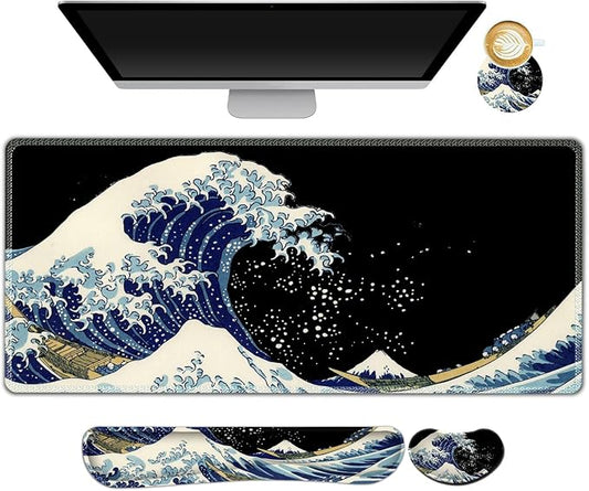 AIMSA Large Gaming Mouse Pad Set, Keyboard Wrist Rest Support Mouse Pad, Ergonomic Memory Foam Multifunctional Extended Desk Mat 35x15.7in Anti-Slip Rubber Base for Office Home, Big Waves