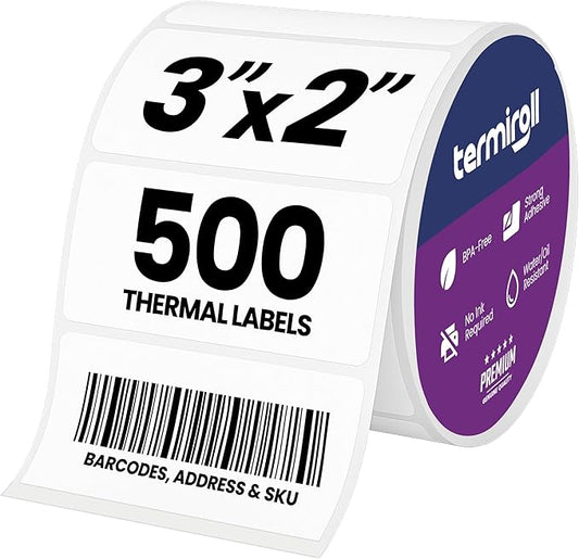 3x2 Thermal Label for Barcodes & Address - Perforated - 500 Labels/Roll - Compatible with Most Direct Thermal Printers Rollo, Zebra - Strong Adhesive, BPA-Free, Commercial Grade (3"x2", 500, Count)