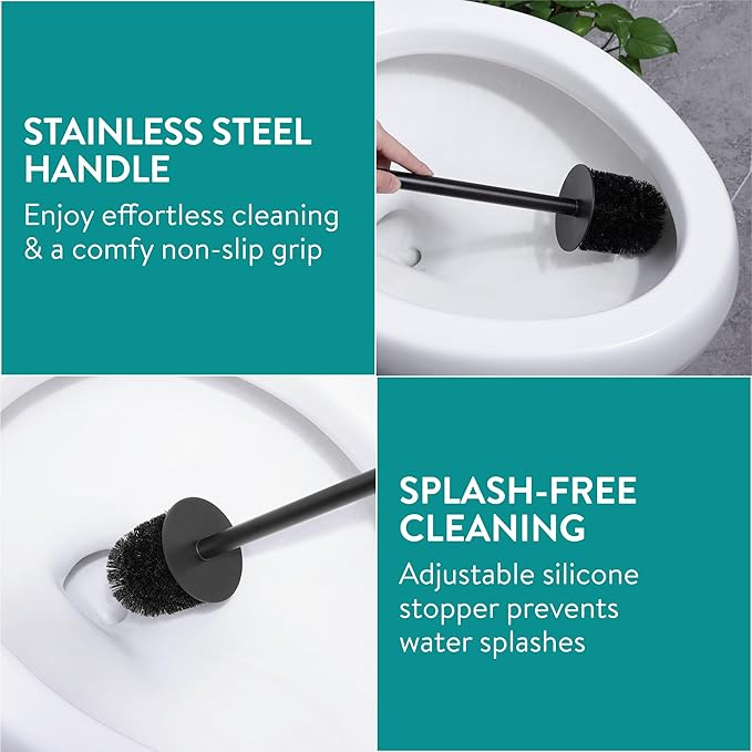 Navaris Toilet Brush and Holder Set, Black - Toilet Brushes & Holders - Soft Touch & Rubber Coated Loo Brush with Stainless Steel Handle - Adjustable Silicone Water Stopper