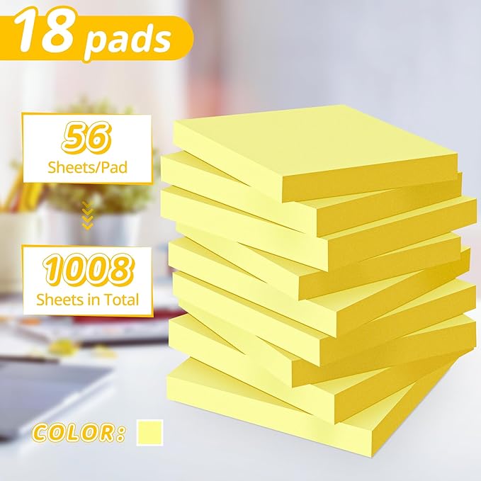 (18 Pack) Sticky Notes 3x3 in Yellow, Strong Adhesive, Clean Removal, Recyclable, Self-Stick Pads, Easy to Post for Home, Office, Notebook