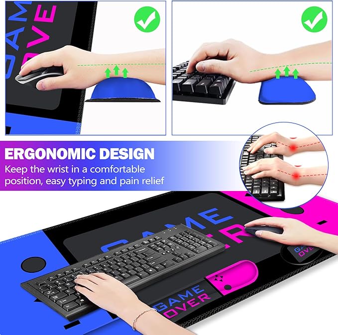 ARTSO Large Gaming Mouse Pad, Keyboard Wrist Rest Pad & Wrist Support Mousepad Set, Stitched Edge, Extended, Non-Slip Base, Memory Foam Desk Mat Office, Home, Blue Purple Game Console