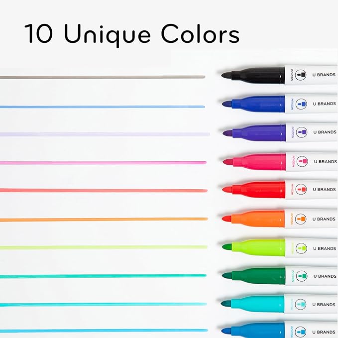 U Brands Low-Odor Mini Dry Erase Markers, Set of 10, Assorted Colors, Non-Toxic, Medium (2 mm) Point