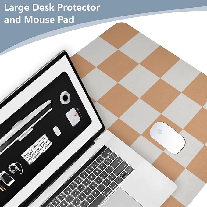 Mouse Pad Desk Mat Leather Desk Pad Large Gaming Desk Cover Protector Mat for Keyboard Computer Laptop Office Waterproof 47.2 x 23.6 Inch Checkered Orange and White