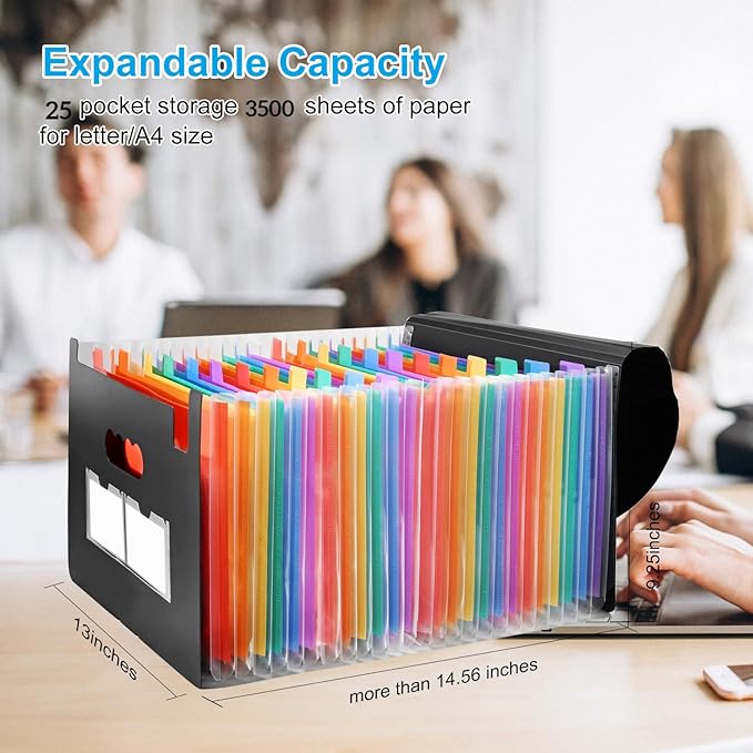 25 Pockets Accordion File Organizer 2 Packs Desktop Expanding File Folders with Colorful tabs for Paper Receipts, Bills&Taxes Organizer, Letter/A4 Size Document Holder for School, Office, Home