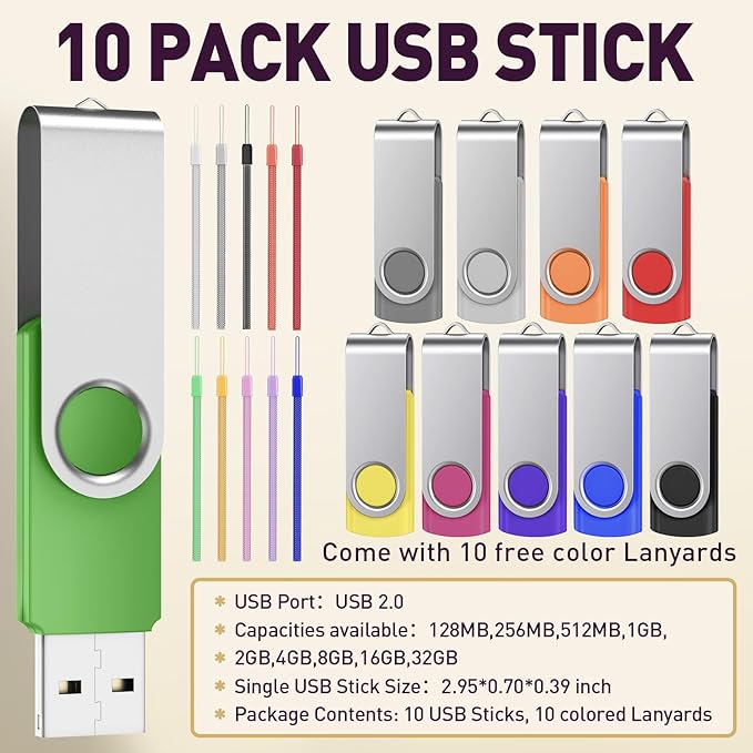 FEBNISCTE 32GB USB Flash Drive Bulk 10 Pack USB Drive 32 GB, Portable Zip Drive Swivel Memory Sticks Pendrive, Multicolor Jump Drive Data Storage with Multicolor Lanyards
