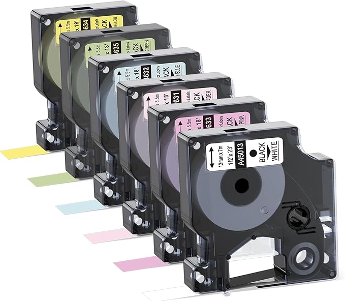Anycolor 6-Pack Compatible with Dymo D1 Label Tape 12mm 0.47" D1 Label Maker Refills Work with DYMO LabelManager 160 280 420P COLORPOP Labeler
