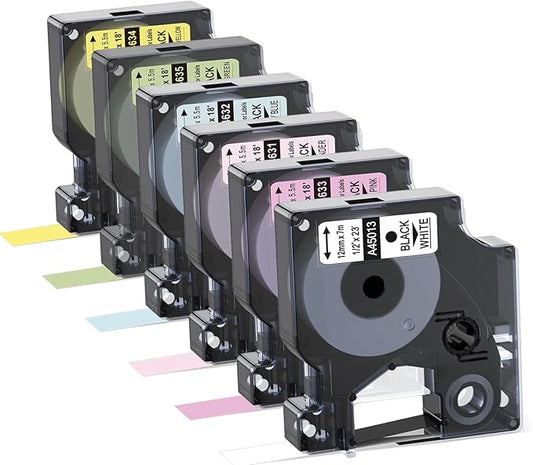 Anycolor 6-Pack Compatible with Dymo D1 Label Tape 12mm 0.47" D1 Label Maker Refills Work with DYMO LabelManager 160 280 420P COLORPOP Labeler