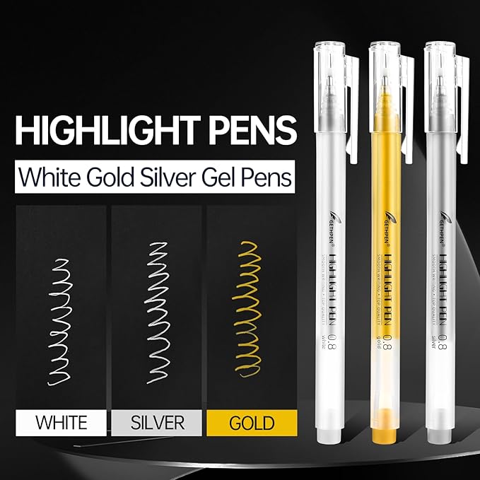 White Gel Pens, 0.8mm Fine Point Gel Ink Pen Set – 3 Pack Opaque Archival Ink for Black Paper Drawing, Sketching, Card Making & Bullet Journaling
