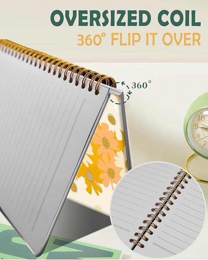 Ruled Spiral Writing Notebook,A5 Hardcover Lined College Journal for Women,Strong Twin-Wire Binding with Premium Paper,8.4" X 6",Perfect for School,Office,Home(Yellow Flower)