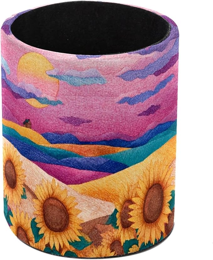 1 Pack Watercolor Art Sunflower Circular Pen & Pencil Holder - Durable PU Leather Pencil Cup, Desk Accessories Organizer for Office Desk School Home