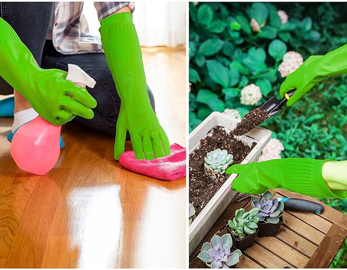 Vgo... 3-Pairs Dishwashing Gloves - Reusable Household, Kitchen, Long Sleeve, Thick Latex, Cleaning, Washing, Working, Painting, Gardening, Pet Care (Size S, Green, RB2143)