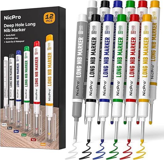 Nicpro 12 PCS Long Nib Marker Pens, 20mm Deep Hole Markers, Quick Dry & Waterproof Construction Marker, Long Head Mark Pens for Metal, Steel, Tile, Glass, Carpenter Marking Tool for Woodworking