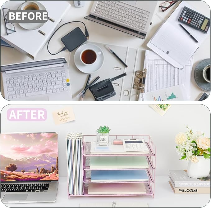 OPNCIE Desk Organizers and Accessories, 4 Tier Paper Letter Tray File Organizer, Office Organization Storage Desk Accessories Workspace Desktop Organizer for Classroom Office Supplies Decor, Pink