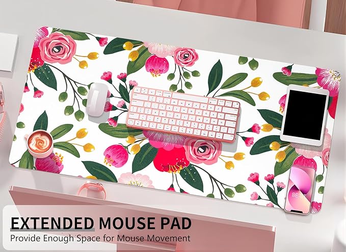 Bloss Pink Floral Desks Mat,31.5x15.7In Large Mouse Pad Cute,Anti-Slip Leather Computer Desk Pad for Keyboard and Mouse,Pink Computer Keyboard Pad Mat,Laptop Desks Protector Mat for Office/Home/Women