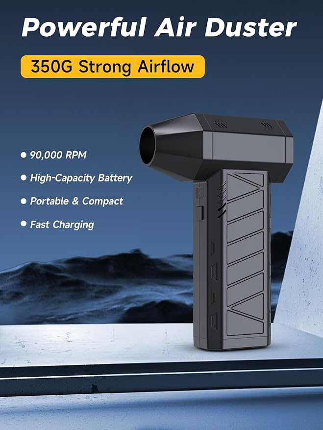 Think Buddy Compressed Air Duster Air Gun - Powerful Cordless Rechargeable 4-Gear Adjustable Air Blower with LED Lighting, for Computer, Keyboard, Car, Outdoor