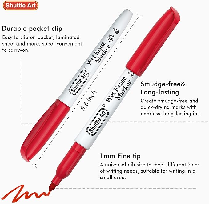 Shuttle Art Wet Erase Markers, 12 Colors 1mm Fine Tip Overhead Projectors Transparency Smudge-Free Markers, Works for Laminated Calendars Whiteboard Schedule Glass, Wipe with Water