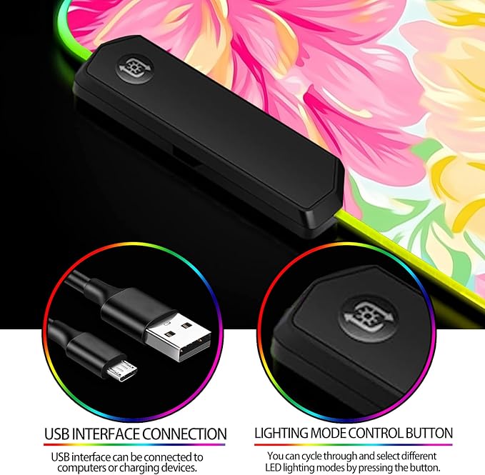 RGB Pink Flower Gaming Desk Mat, Computer Keyboard Large Extended Long Floral LED Mouse Pad for Office and Home, XL (W29)